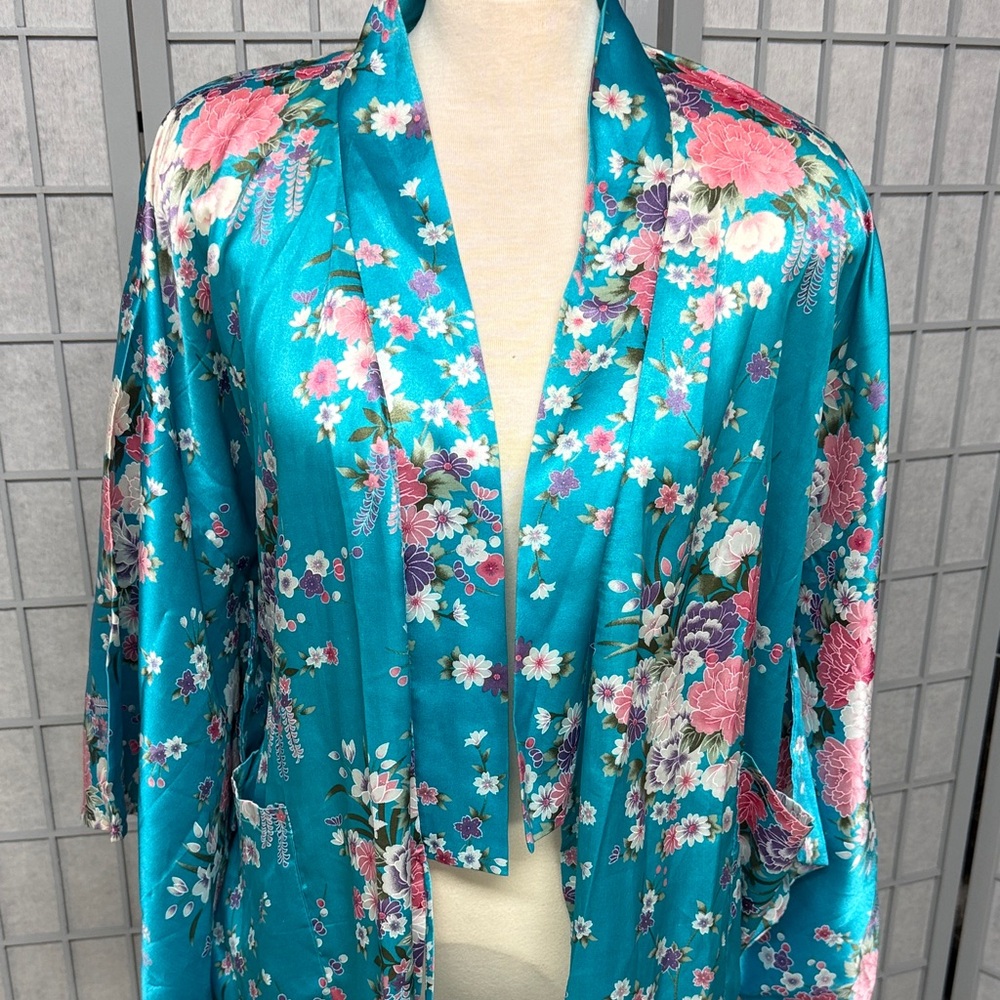 Source Unknown Teal and Pink Floral Satin Robe - Picture 2 of 7